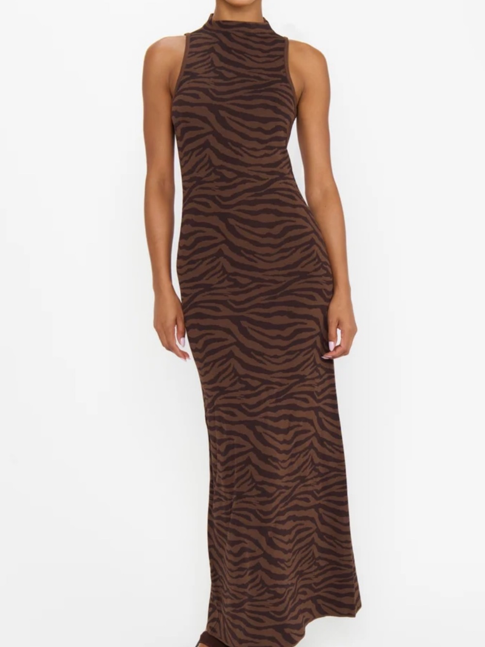 Show Me Your Mumu Shauna Knit Mock Neck Zebra Brown Maxi Dress Sleeveless Sz XL